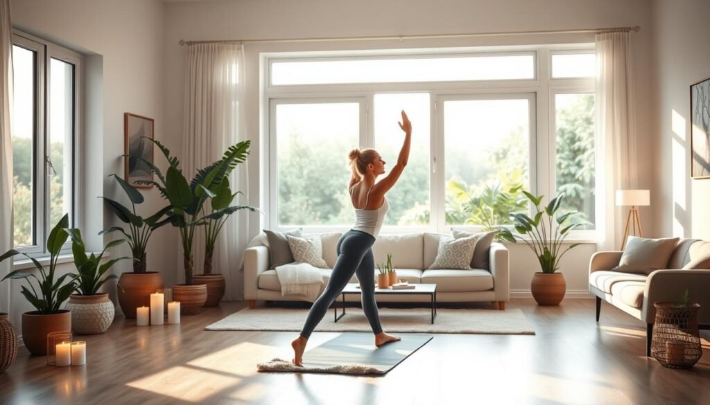 A serene home setting with a woman performing a calming Pilates routine. Soft natural lighting streams through large windows, creating a soothing ambiance. In the foreground, the woman gracefully transitions between poses on a plush yoga mat, her movements fluid and intentional. Surrounding her, potted plants and candles lend a peaceful, meditative atmosphere. The middle ground features minimalist furniture and decor, emphasizing simplicity and tranquility. In the background, a tranquil outdoor scene with lush greenery visible through the windows, further enhancing the sense of calm. The overall composition conveys a harmonious, restorative routine that helps alleviate stress and promote mindfulness. A serene home setting with a woman performing a calming Pilates routine. Soft natural lighting streams through large windows, creating a soothing ambiance. In the foreground, the woman gracefully transitions between poses on a plush yoga mat, her movements fluid and intentional. Surrounding her, potted plants and candles lend a peaceful, meditative atmosphere. The middle ground features minimalist furniture and decor, emphasizing simplicity and tranquility. In the background, a tranquil outdoor scene with lush greenery visible through the windows, further enhancing the sense of calm. The overall composition conveys a harmonious, restorative routine that helps alleviate stress and promote mindfulness.