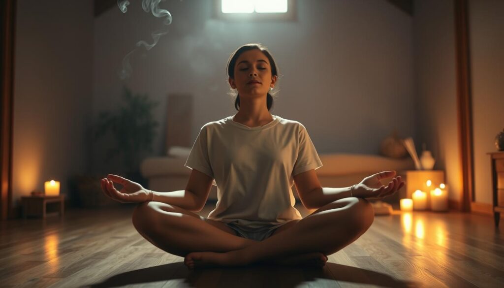 A serene individual sits in a lotus position, eyes closed, palms upturned, radiating a sense of tranquility. The background is a dimly lit, cozy room with wooden floors and soft lighting, creating a calming atmosphere. Wisps of incense drift through the air, adding to the meditative ambiance. The camera angle is slightly elevated, capturing the scene from an observer's perspective, conveying a sense of stillness and contemplation. The lighting is warm and gentle, highlighting the subject's peaceful expression and the meditative environment. This image perfectly encapsulates the essence of mindfulness and stress regulation, inviting the viewer to experience a moment of inner calm and reflection.