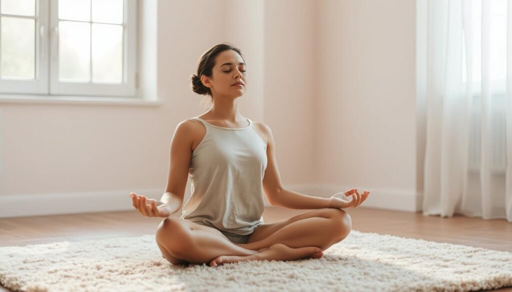 A serene indoor scene featuring a person practicing foundational breathing techniques. The subject is shown sitting cross-legged on a plush, beige rug, with their eyes gently closed and a tranquil expression. Soft, diffused natural light filters in through a large window, creating a warm, glowing ambiance. The background is subtly blurred, emphasizing the focal point of the breathing practice. The composition is balanced, with the subject positioned centrally and the frame filled comfortably. The overall mood is one of calm, introspection, and the rejuvenating power of mindful breathing.