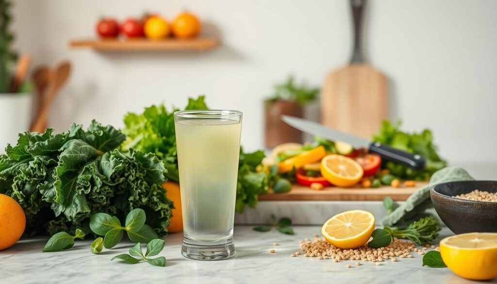 A serene kitchen countertop with an array of alkaline-rich superfoods, such as leafy greens, citrus fruits, and whole grains. The lighting is soft and natural, illuminating the vibrant colors and textures of the ingredients. In the foreground, a glass of freshly squeezed lemon water stands as a symbol of the alkaline lifestyle. In the middle ground, a cutting board showcases the preparation of a nourishing salad, with a chef's knife gently slicing through crisp vegetables. The background features a minimalist, airy space, emphasizing the simplicity and purity of the alkaline approach to diet and wellness. A serene kitchen countertop with an array of alkaline-rich superfoods, such as leafy greens, citrus fruits, and whole grains. The lighting is soft and natural, illuminating the vibrant colors and textures of the ingredients. In the foreground, a glass of freshly squeezed lemon water stands as a symbol of the alkaline lifestyle. In the middle ground, a cutting board showcases the preparation of a nourishing salad, with a chef's knife gently slicing through crisp vegetables. The background features a minimalist, airy space, emphasizing the simplicity and purity of the alkaline approach to diet and wellness.