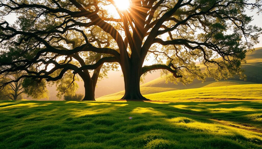 A serene landscape of the earth element, grounding and centering the viewer. In the foreground, a lush green meadow with soft, mossy textures invites the observer to sink their feet into the earth. Towering, ancient oak trees line the middle ground, their branches reaching up towards a golden, sun-dappled sky. Rays of warm light filter through the leaves, creating a peaceful, ethereal atmosphere. In the background, rolling hills covered in verdant grass recede into the distance, radiating a sense of calm and stability. The overall scene conveys a feeling of deep connection to the natural world, encouraging mindfulness and a grounding of the senses. A serene landscape of the earth element, grounding and centering the viewer. In the foreground, a lush green meadow with soft, mossy textures invites the observer to sink their feet into the earth. Towering, ancient oak trees line the middle ground, their branches reaching up towards a golden, sun-dappled sky. Rays of warm light filter through the leaves, creating a peaceful, ethereal atmosphere. In the background, rolling hills covered in verdant grass recede into the distance, radiating a sense of calm and stability. The overall scene conveys a feeling of deep connection to the natural world, encouraging mindfulness and a grounding of the senses.