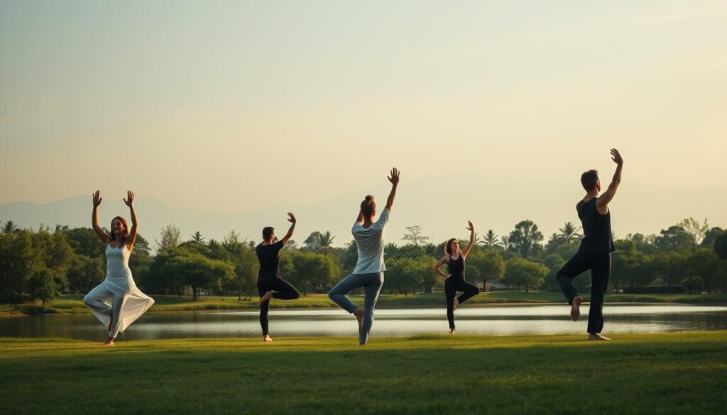 A serene landscape unfolds, with a group of individuals gracefully flowing through a sequence of yoga, tai chi, and qigong movements. In the foreground, their limbs extend and bend, creating a mesmerizing tapestry of coordinated motion. Soft, diffused lighting casts a warm, meditative glow, accentuating the tranquil atmosphere. In the middle ground, a lush, verdant backdrop of swaying trees and a calming pond reflects the participants' movements, creating a sense of harmony between the physical and the natural. The background features a distant mountain range, its peaks shrouded in a hazy, ethereal mist, further emphasizing the peaceful, contemplative ambiance. The overall scene evokes a profound sense of mindfulness, physical and mental balance, and the intrinsic connection between the body, mind, and the natural world.
