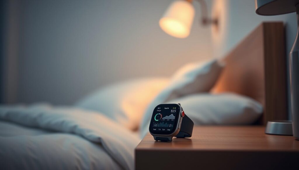 A serene, minimalist bedroom scene filled with soft, warm lighting. On the nightstand, a smartwatch-like device displays a detailed sleep tracking dashboard, showcasing the user's sleep stages, heart rate, and other insights over the past night. The room is bathed in a muted, calming color palette, with hints of wood and natural textures creating a cozy, inviting atmosphere. The display of the sleep tracking device is the focal point, drawing the viewer's attention to the valuable data and information it provides, emphasizing the "accuracy, insights, and data you can act on" as the key focus. A serene, minimalist bedroom scene filled with soft, warm lighting. On the nightstand, a smartwatch-like device displays a detailed sleep tracking dashboard, showcasing the user's sleep stages, heart rate, and other insights over the past night. The room is bathed in a muted, calming color palette, with hints of wood and natural textures creating a cozy, inviting atmosphere. The display of the sleep tracking device is the focal point, drawing the viewer's attention to the valuable data and information it provides, emphasizing the "accuracy, insights, and data you can act on" as the key focus.