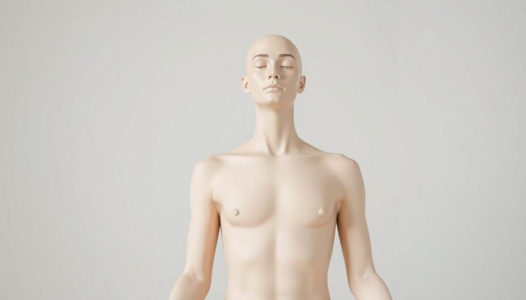 A serene, minimalist depiction of a human figure in a thoughtful, introspective pose. The subject is shown from the chest up, facing forward with a calm, centered expression. The body is rendered with a soft, naturalistic style, emphasizing clean lines and subtle shadows that accentuate the form. The lighting is muted and diffused, creating a reflective, contemplative atmosphere. The background is a simple, neutral gradient that allows the subject to be the sole focus. This image conveys a sense of tranquility and self-awareness, suitable for illustrating the "Before You Start" section on stretching and emotional release. A serene, minimalist depiction of a human figure in a thoughtful, introspective pose. The subject is shown from the chest up, facing forward with a calm, centered expression. The body is rendered with a soft, naturalistic style, emphasizing clean lines and subtle shadows that accentuate the form. The lighting is muted and diffused, creating a reflective, contemplative atmosphere. The background is a simple, neutral gradient that allows the subject to be the sole focus. This image conveys a sense of tranquility and self-awareness, suitable for illustrating the "Before You Start" section on stretching and emotional release.
