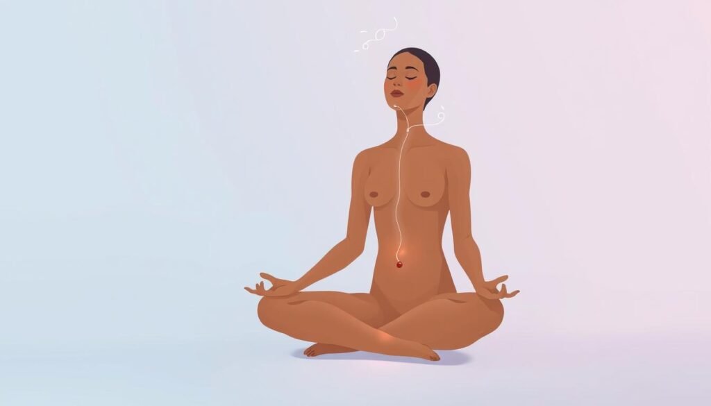 A serene, minimalist illustration depicting the "breath body sense check" concept. In the foreground, a person sits cross-legged, palms upturned on their lap, eyes gently closed, radiating a sense of peaceful introspection. Their body is rendered in soft, earthy tones, the skin subtly glowing. In the middle ground, delicate lines or energy waves emanate from the body, representing the flow of breath and subtle bodily sensations. The background is a soothing gradient, transitioning from soft blue to pale lavender, evoking a calming, meditative atmosphere. The lighting is diffused and natural, creating a soft, enveloping ambiance. The overall mood is one of mindful presence, inner awareness, and a deep connection to the self. A serene, minimalist illustration depicting the "breath body sense check" concept. In the foreground, a person sits cross-legged, palms upturned on their lap, eyes gently closed, radiating a sense of peaceful introspection. Their body is rendered in soft, earthy tones, the skin subtly glowing. In the middle ground, delicate lines or energy waves emanate from the body, representing the flow of breath and subtle bodily sensations. The background is a soothing gradient, transitioning from soft blue to pale lavender, evoking a calming, meditative atmosphere. The lighting is diffused and natural, creating a soft, enveloping ambiance. The overall mood is one of mindful presence, inner awareness, and a deep connection to the self.