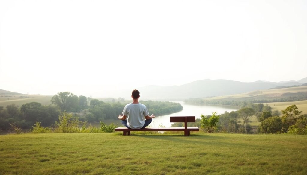 A serene, minimalist landscape depicting the benefits of quitting social media. In the foreground, a person sits cross-legged in a meditative pose, eyes closed, surrounded by lush greenery and a calming river. The middle ground features a simple, wooden bench overlooking the tranquil scene. In the background, rolling hills fade into a soft, pastel sky, free of the clutter and noise of social media feeds. The lighting is soft and diffused, creating a sense of peace and clarity. Captured with a wide-angle lens to emphasize the expansive, serene atmosphere. An image conveying the restorative power of disconnecting from the digital world.