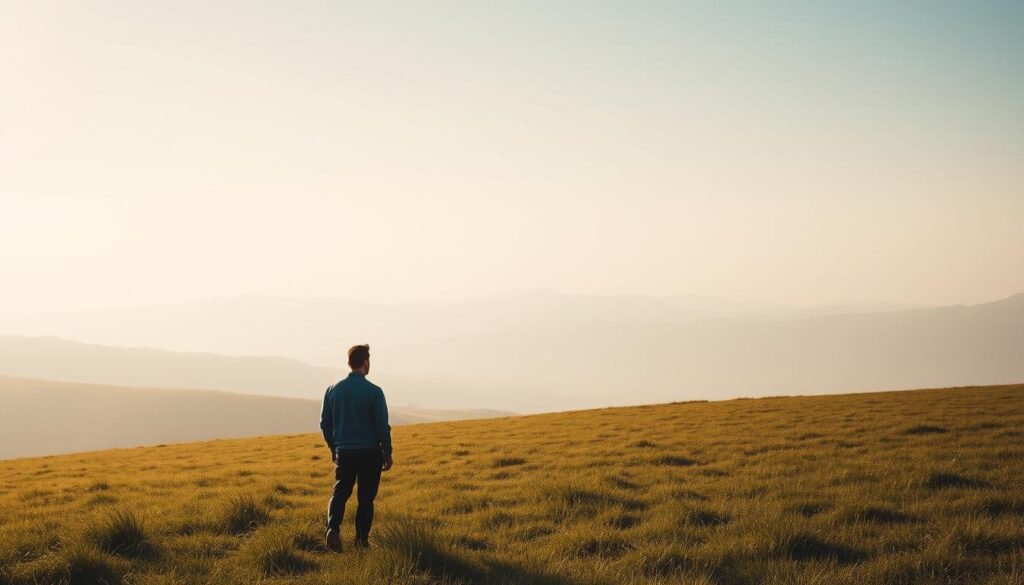 A serene, minimalist landscape, devoid of distractions. In the foreground, a lone figure stands, their back turned to the viewer, gazing out onto a vast, tranquil expanse. Soft, diffused lighting illuminates the scene, casting a warm, contemplative glow. The middle ground is a rolling meadow, blanketed in lush, verdant grasses, gently swaying in a light breeze. In the distance, a horizon of rolling hills, their silhouettes fading into the mist, creating a sense of depth and separation from the digital world. The overall atmosphere is one of solitude, introspection, and a reconnection with the natural world, free from the constant pull of algorithms and social media.