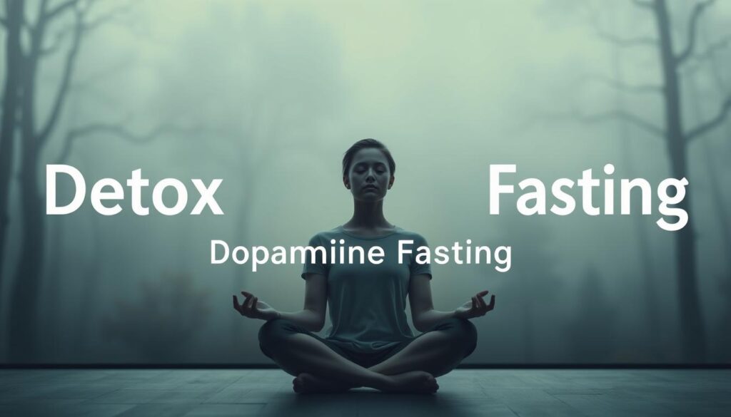 A serene, minimalist scene depicting the concept of "detox dopamine fasting". The foreground showcases a person sitting in a cross-legged position, eyes closed, hands resting on their lap in a meditative pose. The middle ground features a simple, uncluttered environment with muted, soothing colors - perhaps a natural setting like a forest or a tranquil room. The background is hazy and blurred, emphasizing the focal point of the person in the center. The lighting is soft and diffused, creating a calming, introspective atmosphere. The overall composition conveys a sense of stillness, clarity, and a retreat from the distractions and stimuli of daily life, alluding to the concept of "dopamine fasting" and its potential benefits. A serene, minimalist scene depicting the concept of "detox dopamine fasting". The foreground showcases a person sitting in a cross-legged position, eyes closed, hands resting on their lap in a meditative pose. The middle ground features a simple, uncluttered environment with muted, soothing colors - perhaps a natural setting like a forest or a tranquil room. The background is hazy and blurred, emphasizing the focal point of the person in the center. The lighting is soft and diffused, creating a calming, introspective atmosphere. The overall composition conveys a sense of stillness, clarity, and a retreat from the distractions and stimuli of daily life, alluding to the concept of "dopamine fasting" and its potential benefits.