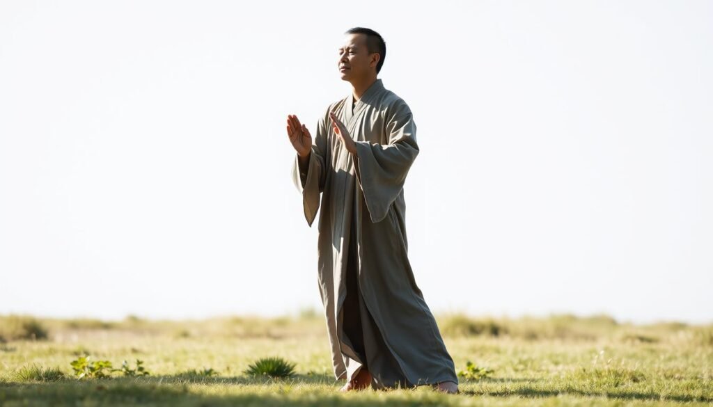 A serene, minimalist scene of a person performing qigong exercises in a peaceful, natural setting. The figure, clad in loose, flowing robes, stands in a grounded, centered pose, hands gently extended, eyes closed in meditative focus. Soft, diffused natural lighting illuminates the scene, casting subtle shadows that accentuate the graceful movements. The background features a simple, uncluttered landscape - perhaps a grassy meadow or a tranquil garden - allowing the viewer to concentrate on the subject's mindful practice and the principles of balance and posture. A serene, minimalist scene of a person performing qigong exercises in a peaceful, natural setting. The figure, clad in loose, flowing robes, stands in a grounded, centered pose, hands gently extended, eyes closed in meditative focus. Soft, diffused natural lighting illuminates the scene, casting subtle shadows that accentuate the graceful movements. The background features a simple, uncluttered landscape - perhaps a grassy meadow or a tranquil garden - allowing the viewer to concentrate on the subject's mindful practice and the principles of balance and posture.