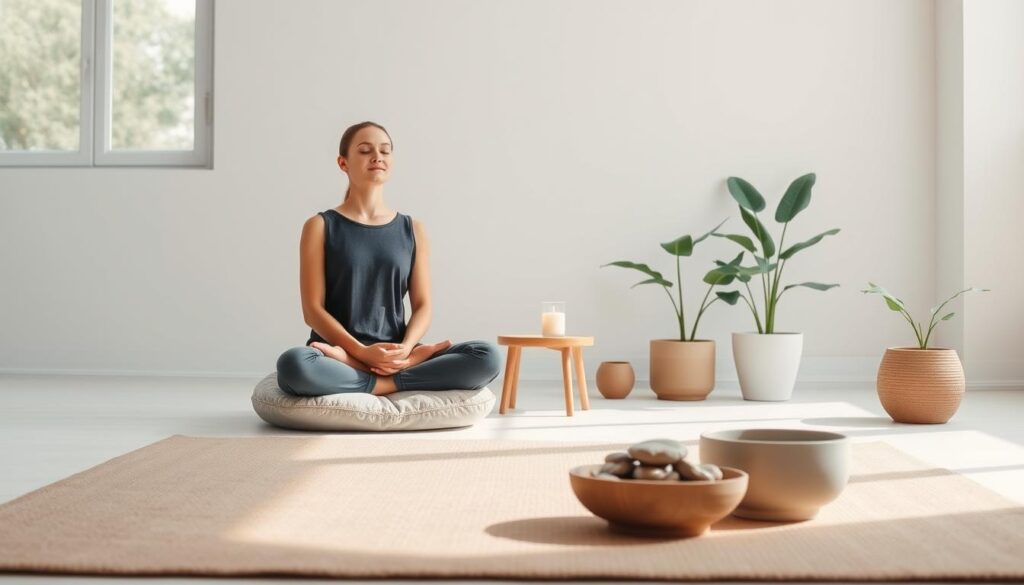 A serene, minimalist studio setting with soft, natural lighting filtering through large windows. In the foreground, a person sits cross-legged on a plush meditation cushion, eyes closed in deep contemplation. Surrounding them, a variety of calming, low-stimulation objects: a small, unadorned table with a single candle, a bowl of smooth river stones, and a simple, neutral-toned rug. The middle ground features a few potted plants, their leaves gently swaying. In the background, a plain, whitewashed wall creates a sense of tranquility and focus. The overall mood is one of stillness, reflection, and a deliberate step away from the distractions of everyday life. A serene, minimalist studio setting with soft, natural lighting filtering through large windows. In the foreground, a person sits cross-legged on a plush meditation cushion, eyes closed in deep contemplation. Surrounding them, a variety of calming, low-stimulation objects: a small, unadorned table with a single candle, a bowl of smooth river stones, and a simple, neutral-toned rug. The middle ground features a few potted plants, their leaves gently swaying. In the background, a plain, whitewashed wall creates a sense of tranquility and focus. The overall mood is one of stillness, reflection, and a deliberate step away from the distractions of everyday life.
