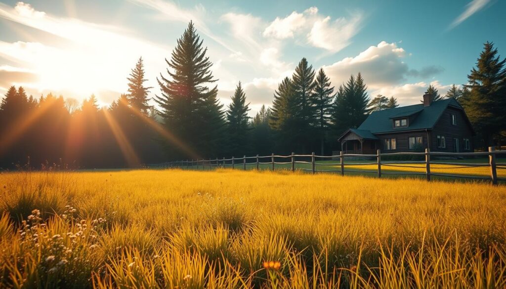 A serene morning landscape bathed in warm, golden sunlight filtering through wispy clouds. In the foreground, a tranquil meadow with soft, dewy grass and delicate wildflowers gently swaying in the light breeze. The middle ground features a picturesque wooden fence leading the eye towards a cozy cottage, its windows glowing with the radiant morning glow. Towering pine trees line the horizon, their emerald canopies reaching skyward. The scene exudes a sense of peace, calm, and a connection to the natural rhythms of the day. High-resolution, photorealistic, cinematic lighting and composition.