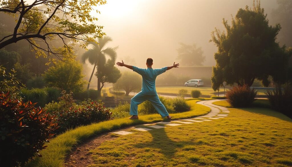 A serene morning scene of a person practicing a graceful qigong routine in a peaceful garden. The foreground features a centered figure performing a flowing, meditative stance with arms outstretched, their movement captured in a soft, blurred effect. The middle ground showcases a lush, verdant landscape with vibrant foliage and a winding path leading to the figure. The background depicts a tranquil, mist-shrouded forest, bathed in warm, golden-hued natural lighting that creates a calming, contemplative atmosphere. The entire composition conveys a sense of balance, harmony, and mindfulness. A serene morning scene of a person practicing a graceful qigong routine in a peaceful garden. The foreground features a centered figure performing a flowing, meditative stance with arms outstretched, their movement captured in a soft, blurred effect. The middle ground showcases a lush, verdant landscape with vibrant foliage and a winding path leading to the figure. The background depicts a tranquil, mist-shrouded forest, bathed in warm, golden-hued natural lighting that creates a calming, contemplative atmosphere. The entire composition conveys a sense of balance, harmony, and mindfulness.