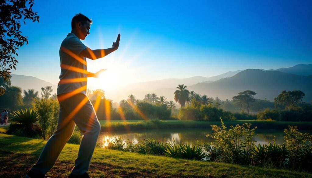 A serene morning scene of a person practicing qigong in a tranquil garden setting. The foreground features a focused individual, their body in fluid motion, performing graceful, slow-paced movements as rays of warm, golden sunlight dance across their form. The middle ground showcases a lush, verdant landscape with vibrant green foliage and a calm, reflecting pond. In the background, hazy mountains rise, creating a sense of depth and peaceful isolation. The lighting is soft and diffused, casting a sense of calm and introspection. The overall atmosphere is one of harmony, mindfulness, and a profound connection to the natural world, perfectly capturing the transformative power of a morning qigong routine. A serene morning scene of a person practicing qigong in a tranquil garden setting. The foreground features a focused individual, their body in fluid motion, performing graceful, slow-paced movements as rays of warm, golden sunlight dance across their form. The middle ground showcases a lush, verdant landscape with vibrant green foliage and a calm, reflecting pond. In the background, hazy mountains rise, creating a sense of depth and peaceful isolation. The lighting is soft and diffused, casting a sense of calm and introspection. The overall atmosphere is one of harmony, mindfulness, and a profound connection to the natural world, perfectly capturing the transformative power of a morning qigong routine.