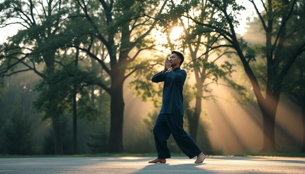 A serene morning setting with a person performing a graceful qigong routine in the foreground. The practitioner stands in a flowing, centered stance, hands in a meditative mudra. Soft natural lighting filters through the trees in the background, casting a warm glow. The scene has a sense of tranquility and inner focus, reflecting the peaceful energy of the morning qigong practice. The composition is clean and uncluttered, allowing the viewer to fully immerse in the calming atmosphere. A serene morning setting with a person performing a graceful qigong routine in the foreground. The practitioner stands in a flowing, centered stance, hands in a meditative mudra. Soft natural lighting filters through the trees in the background, casting a warm glow. The scene has a sense of tranquility and inner focus, reflecting the peaceful energy of the morning qigong practice. The composition is clean and uncluttered, allowing the viewer to fully immerse in the calming atmosphere.