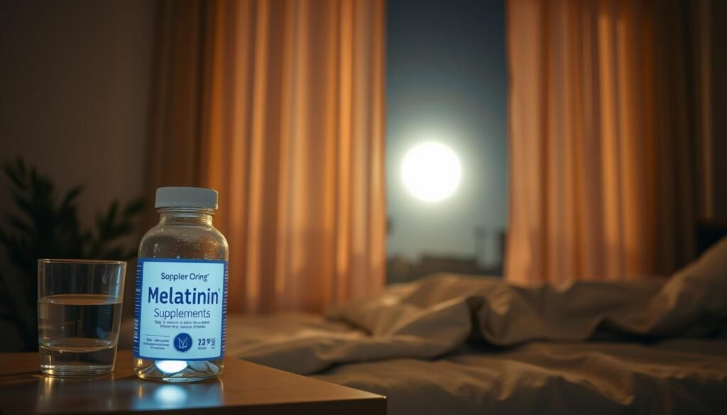 A serene nightscape with a glowing, full moon illuminating a peaceful bedroom scene. In the foreground, a bedside table holds a glass of water and a bottle of melatonin supplements, their label prominently displayed. The middle ground features a cozy bed draped in soft, muted bedding, inviting the viewer to sink into its comforting embrace. In the background, a pair of sheer curtains sway gently in a warm, ambient breeze, hinting at the tranquility beyond. The overall atmosphere is one of calm, relaxation, and the promise of a restful, restorative sleep. A serene nightscape with a glowing, full moon illuminating a peaceful bedroom scene. In the foreground, a bedside table holds a glass of water and a bottle of melatonin supplements, their label prominently displayed. The middle ground features a cozy bed draped in soft, muted bedding, inviting the viewer to sink into its comforting embrace. In the background, a pair of sheer curtains sway gently in a warm, ambient breeze, hinting at the tranquility beyond. The overall atmosphere is one of calm, relaxation, and the promise of a restful, restorative sleep.