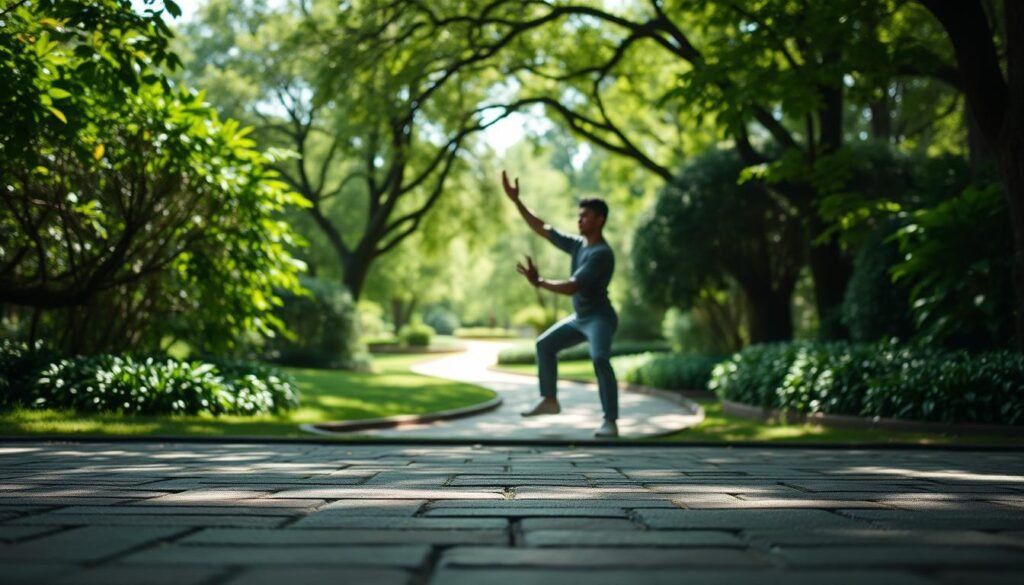 A serene outdoor scene of a person gracefully practicing qigong, surrounded by lush, verdant nature. The foreground shows the individual in a state of focused, fluid movements, their body aligned and balanced. The middle ground features a tranquil garden or park setting, with a winding path leading towards the figure. In the background, dappled sunlight filters through the canopy of trees, creating a warm, calming atmosphere. The scene is captured with a wide, cinematic lens, emphasizing the harmony between the person and their natural environment. An image that visually encapsulates the transition from pavement to peaceful practice. A serene outdoor scene of a person gracefully practicing qigong, surrounded by lush, verdant nature. The foreground shows the individual in a state of focused, fluid movements, their body aligned and balanced. The middle ground features a tranquil garden or park setting, with a winding path leading towards the figure. In the background, dappled sunlight filters through the canopy of trees, creating a warm, calming atmosphere. The scene is captured with a wide, cinematic lens, emphasizing the harmony between the person and their natural environment. An image that visually encapsulates the transition from pavement to peaceful practice.