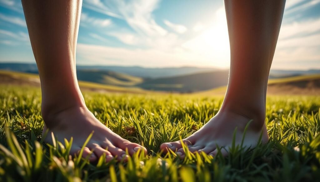 A serene outdoor scene showcasing the benefits of grounding. In the foreground, a pair of bare feet stand firmly on lush, green grass, emanating a sense of connection to the Earth. The middle ground depicts a tranquil landscape, with rolling hills and a clear blue sky dotted with wispy clouds. The lighting is warm and natural, creating a soothing, peaceful atmosphere. The camera angle is slightly low, emphasizing the feeling of being grounded and present in the moment. The overall composition suggests a sense of calm, balance, and well-being, capturing the essence of the grounding wellness trend.