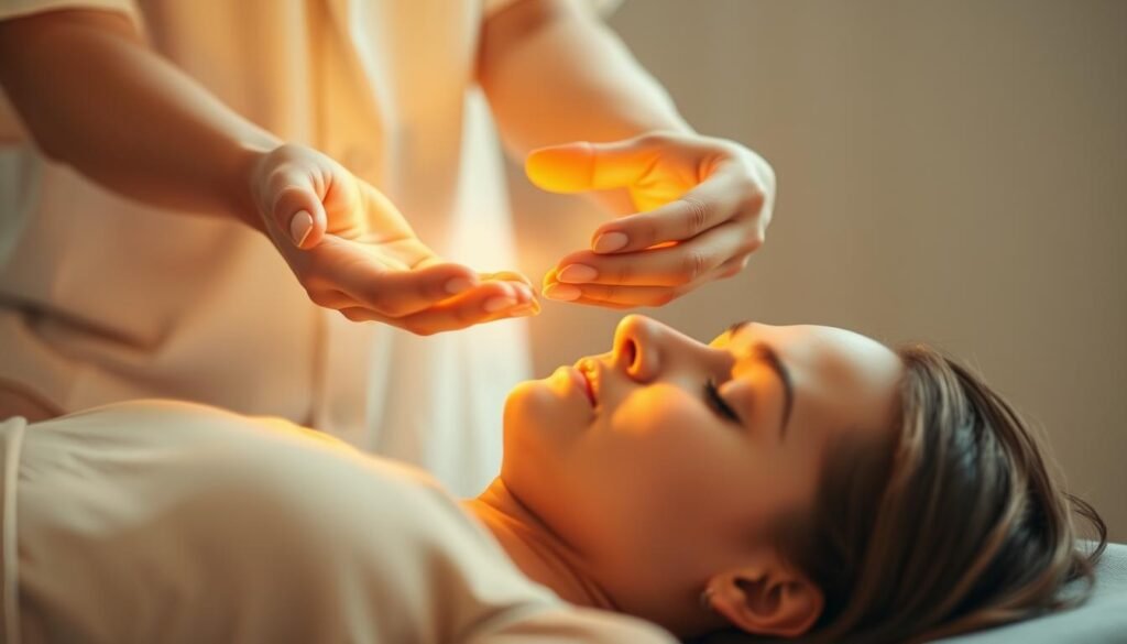 A serene scene of energy healing, with a Reiki master's hands gently hovering above a reclined patient. Warm, golden light emanates from the practitioner's palms, creating a soft, ethereal glow. The patient's face is peaceful, as if in a state of deep relaxation. The background is a calming, neutral tone, allowing the focus to remain on the energy exchange. Captured with a shallow depth of field, the image conveys a sense of intimacy and connection between the healer and the recipient. Soft, diffused lighting creates a tranquil, meditative atmosphere, reflecting the spiritual nature of the practice. A serene scene of energy healing, with a Reiki master's hands gently hovering above a reclined patient. Warm, golden light emanates from the practitioner's palms, creating a soft, ethereal glow. The patient's face is peaceful, as if in a state of deep relaxation. The background is a calming, neutral tone, allowing the focus to remain on the energy exchange. Captured with a shallow depth of field, the image conveys a sense of intimacy and connection between the healer and the recipient. Soft, diffused lighting creates a tranquil, meditative atmosphere, reflecting the spiritual nature of the practice.