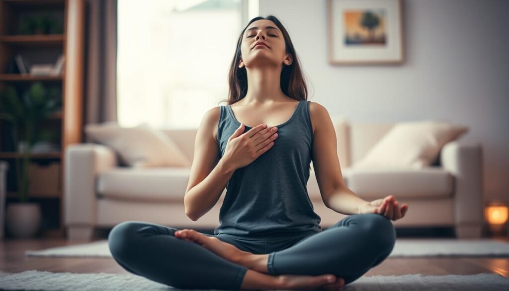 A serene scene of mindful breathing. In the foreground, a person sits cross-legged, eyes gently closed, hands resting on their knees. Their chest rises and falls with each deep, steady breath. The lighting is soft and diffused, creating a warm, calming atmosphere. The background is blurred, suggesting an indoor space, perhaps a cozy living room or meditation studio. The overall mood is one of tranquility and introspection, inviting the viewer to pause and breathe alongside the figure. The composition is balanced and soothing, reflecting the simplicity and therapeutic nature of the breathwork routine.