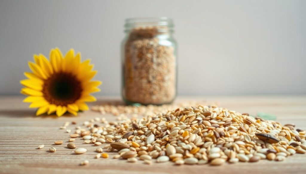 A serene scene of seed cycling, with a delicate arrangement of various seeds in the foreground, including sunflower, flax, pumpkin, and sesame. The seeds are displayed on a natural wood surface, bathed in soft, diffuse lighting that emphasizes their intricate textures and colors. In the middle ground, a glass jar or container filled with a variety of whole grains, such as quinoa, millet, and amaranth, stands as a symbolic representation of the holistic approach to hormone regulation. The background features a minimalist, neutral-toned setting, allowing the natural elements to take center stage and convey a sense of tranquility and balance. The overall composition evokes a feeling of wellness, self-care, and the power of natural ingredients to support hormonal health. A serene scene of seed cycling, with a delicate arrangement of various seeds in the foreground, including sunflower, flax, pumpkin, and sesame. The seeds are displayed on a natural wood surface, bathed in soft, diffuse lighting that emphasizes their intricate textures and colors. In the middle ground, a glass jar or container filled with a variety of whole grains, such as quinoa, millet, and amaranth, stands as a symbolic representation of the holistic approach to hormone regulation. The background features a minimalist, neutral-toned setting, allowing the natural elements to take center stage and convey a sense of tranquility and balance. The overall composition evokes a feeling of wellness, self-care, and the power of natural ingredients to support hormonal health.