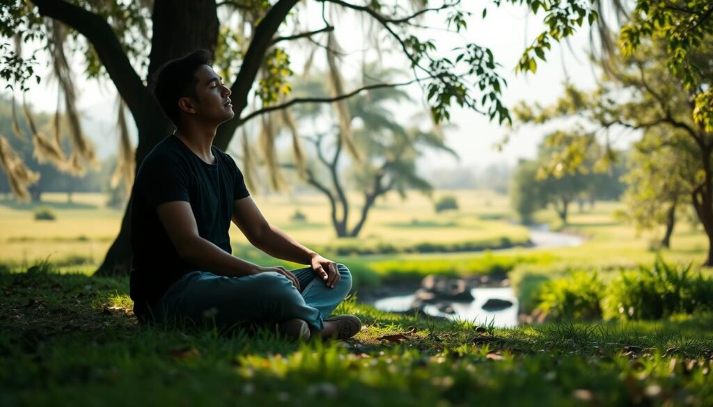 A serene, secluded outdoor setting bathed in soft, natural lighting. In the foreground, a person sits cross-legged on the ground, eyes closed, hands resting gently on their lap, fully immersed in a moment of digital detachment. The middle ground features a lush, verdant landscape with swaying trees and a tranquil stream, symbolizing the peaceful retreat from the online world. The background fades into a hazy, atmospheric horizon, conveying a sense of timelessness and introspection. The overall mood is one of calm, contemplation, and a re-connection with the natural world, free from the distractions of social media and digital devices. A serene, secluded outdoor setting bathed in soft, natural lighting. In the foreground, a person sits cross-legged on the ground, eyes closed, hands resting gently on their lap, fully immersed in a moment of digital detachment. The middle ground features a lush, verdant landscape with swaying trees and a tranquil stream, symbolizing the peaceful retreat from the online world. The background fades into a hazy, atmospheric horizon, conveying a sense of timelessness and introspection. The overall mood is one of calm, contemplation, and a re-connection with the natural world, free from the distractions of social media and digital devices.