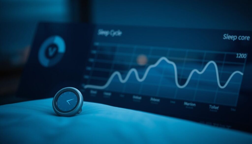 A serene sleep score visualization on a sleek, minimal dashboard. The foreground features a stylized sleep score indicator, its design evoking a harmonious blend of analog and digital aesthetics. The middle ground showcases an elegantly visualized sleep cycle graph, with subtle gridlines and soothing color gradients. In the background, a softly blurred nightscape provides a calming, ambient context, perhaps with a subtle hint of the Oura Ring product silhouette. The overall mood is one of tranquility, clarity, and a seamless integration of technology and sleep health data. A serene sleep score visualization on a sleek, minimal dashboard. The foreground features a stylized sleep score indicator, its design evoking a harmonious blend of analog and digital aesthetics. The middle ground showcases an elegantly visualized sleep cycle graph, with subtle gridlines and soothing color gradients. In the background, a softly blurred nightscape provides a calming, ambient context, perhaps with a subtle hint of the Oura Ring product silhouette. The overall mood is one of tranquility, clarity, and a seamless integration of technology and sleep health data.