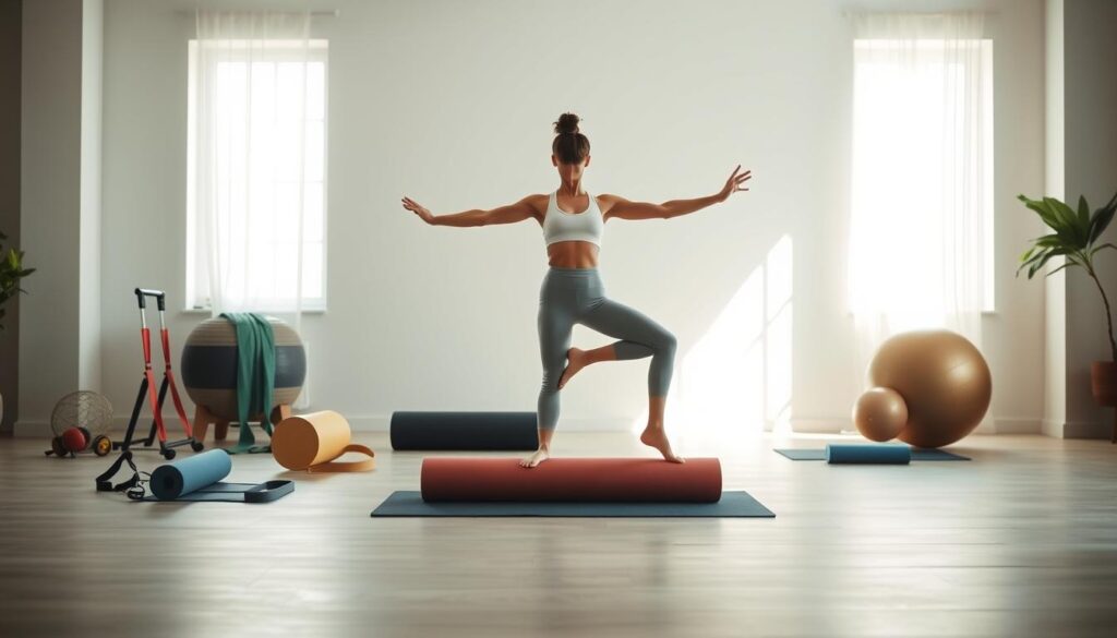 A serene, softly-lit indoor scene featuring a person performing a mobility exercise. The foreground shows a person in a yoga pose, their body in fluid motion, radiating strength and flexibility. The middle ground features various exercise equipment like resistance bands, foam rollers, and stability balls, symbolizing the tools for improving mobility. The background depicts a minimal, calming environment with natural light pouring in, creating a sense of tranquility and wellness. The overall atmosphere conveys the science-backed benefits of mobility exercises - enhanced range of motion, reduced injury risk, and increased strength.