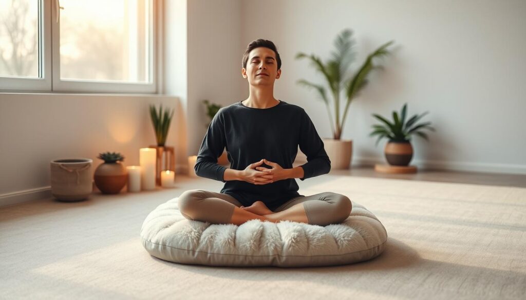 A serene, softly-lit indoor scene of a person sitting cross-legged on a plush, light-colored floor cushion. They are in a peaceful, meditative pose, eyes closed, hands resting gently on their lap. Surrounding them is a minimalist, Zen-inspired space with simple, natural elements like potted plants, a few candles, and a large window letting in warm, diffused daylight. The atmosphere is calming, tranquil, and focused, conveying a sense of deep, restorative relaxation and stress relief through the practice of mindful breathing. A serene, softly-lit indoor scene of a person sitting cross-legged on a plush, light-colored floor cushion. They are in a peaceful, meditative pose, eyes closed, hands resting gently on their lap. Surrounding them is a minimalist, Zen-inspired space with simple, natural elements like potted plants, a few candles, and a large window letting in warm, diffused daylight. The atmosphere is calming, tranquil, and focused, conveying a sense of deep, restorative relaxation and stress relief through the practice of mindful breathing.