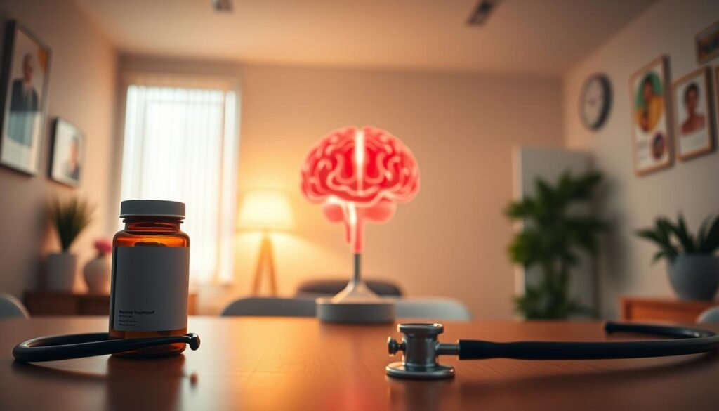 A serene, softly lit medical office with a warm, professional atmosphere. In the foreground, a stethoscope and pill bottle symbolize healthcare and supplement safety. The middle ground features an anatomical brain model, visualizing the effects of stress on the mind. In the background, a subtle gradient suggests a range of safety levels, from green for low-risk to red for high-risk, creating a visual guide for supplement safety and contraindications. Captured with a medium-wide angle lens, the composition conveys a sense of order, knowledge, and the careful consideration of health and wellness. A serene, softly lit medical office with a warm, professional atmosphere. In the foreground, a stethoscope and pill bottle symbolize healthcare and supplement safety. The middle ground features an anatomical brain model, visualizing the effects of stress on the mind. In the background, a subtle gradient suggests a range of safety levels, from green for low-risk to red for high-risk, creating a visual guide for supplement safety and contraindications. Captured with a medium-wide angle lens, the composition conveys a sense of order, knowledge, and the careful consideration of health and wellness.