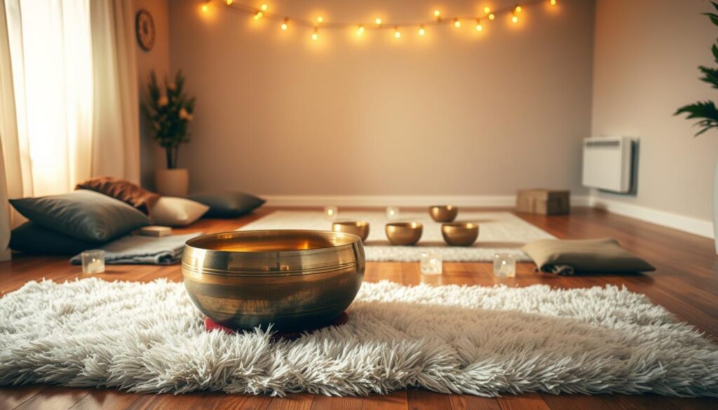 A serene sound bath setup in a cozy, dimly lit room. In the foreground, a large crystal singing bowl sits on a soft, plush rug, its metal surface gleaming under warm, golden lighting. Surrounding the bowl are various meditation cushions and blankets, inviting visitors to settle in for a calming sonic experience. In the middle ground, several smaller crystal bowls of varying sizes are arranged in a semicircle, their quartz bodies casting subtle shadows on the hardwood floor. The background features a minimalist, neutral-toned wall, with a delicate string of fairy lights strung overhead, creating a soothing, ambient atmosphere. The overall scene evokes a sense of tranquility and relaxation, perfect for an immersive sound bath session to help alleviate insomnia. A serene sound bath setup in a cozy, dimly lit room. In the foreground, a large crystal singing bowl sits on a soft, plush rug, its metal surface gleaming under warm, golden lighting. Surrounding the bowl are various meditation cushions and blankets, inviting visitors to settle in for a calming sonic experience. In the middle ground, several smaller crystal bowls of varying sizes are arranged in a semicircle, their quartz bodies casting subtle shadows on the hardwood floor. The background features a minimalist, neutral-toned wall, with a delicate string of fairy lights strung overhead, creating a soothing, ambient atmosphere. The overall scene evokes a sense of tranquility and relaxation, perfect for an immersive sound bath session to help alleviate insomnia.