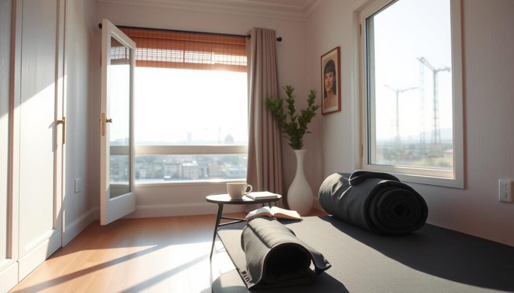 A serene, sun-dappled apartment with a cozy, minimalist aesthetic. In the foreground, a yoga mat and a pair of comfortable workout clothes are neatly arranged, conveying a sense of mindful, intentional movement. The middle ground features a small table with a cup of herbal tea, a journal, and a book on wellness, hinting at a balanced lifestyle that prioritizes self-care. In the background, a large window overlooks a tranquil urban landscape, suggesting a peaceful, grounded existence. The overall atmosphere is one of calm, equilibrium, and a harmonious blend of physical and mental well-being. A serene, sun-dappled apartment with a cozy, minimalist aesthetic. In the foreground, a yoga mat and a pair of comfortable workout clothes are neatly arranged, conveying a sense of mindful, intentional movement. The middle ground features a small table with a cup of herbal tea, a journal, and a book on wellness, hinting at a balanced lifestyle that prioritizes self-care. In the background, a large window overlooks a tranquil urban landscape, suggesting a peaceful, grounded existence. The overall atmosphere is one of calm, equilibrium, and a harmonious blend of physical and mental well-being.