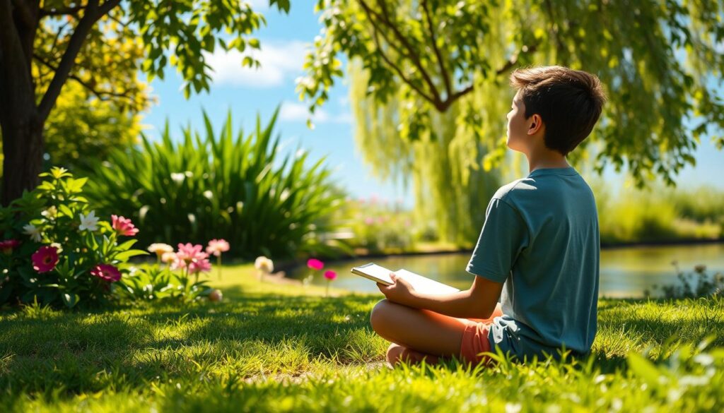 A serene, sun-dappled garden scene with a young person engaged in a variety of calming activities. In the foreground, they are seated cross-legged, practicing mindful meditation with eyes closed. In the middle ground, they are sketching or journaling, surrounded by lush greenery and vibrant flowers. In the background, a tranquil pond reflects the azure sky, with a gentle breeze rustling the leaves. The lighting is soft and diffused, creating a sense of warmth and relaxation. The overall atmosphere evokes a peaceful, restorative mood. A serene, sun-dappled garden scene with a young person engaged in a variety of calming activities. In the foreground, they are seated cross-legged, practicing mindful meditation with eyes closed. In the middle ground, they are sketching or journaling, surrounded by lush greenery and vibrant flowers. In the background, a tranquil pond reflects the azure sky, with a gentle breeze rustling the leaves. The lighting is soft and diffused, creating a sense of warmth and relaxation. The overall atmosphere evokes a peaceful, restorative mood.
