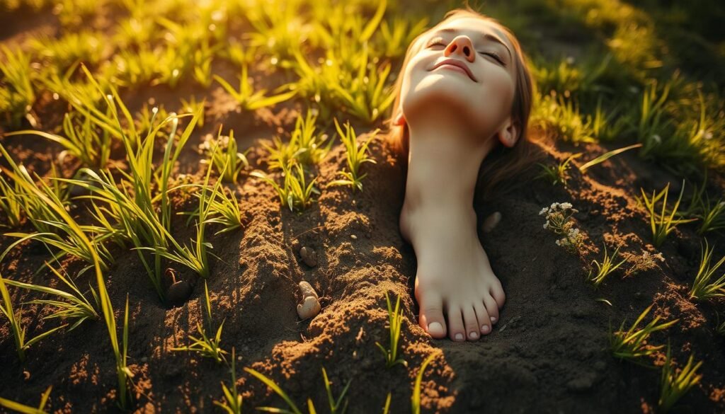 A serene, sun-dappled meadow, the earth's surface gently undulating. A person's bare feet, skin making direct contact with the soil, their toes curling into the soft, cool grass. Tendrils of energy seem to flow from the ground, up through the soles, infusing the body with a grounding, calming sensation. The person's expression is one of tranquility, eyes closed, face tilted towards the sun, fully immersed in the moment. A sense of harmony and connection between the individual and the natural world. Soft, warm lighting casts a golden glow, enhancing the organic, earthy tones. The composition emphasizes the simplicity and intimacy of this "earthing" experience.