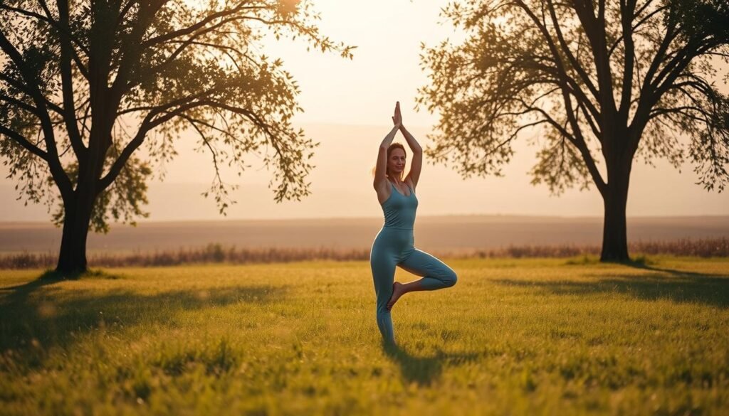 A serene, sun-dappled meadow, with a lone figure moving gracefully through a sequence of mindful yoga poses. Soft, diffused lighting filters through the trees, casting a warm, meditative glow. The figure's movements are fluid and intentional, their face expressing a sense of calm focus. In the background, a distant horizon line blends into a hazy, atmospheric landscape. The overall scene conveys a feeling of tranquility, introspection, and a deep connection between the individual and their physical, mental, and spiritual well-being.