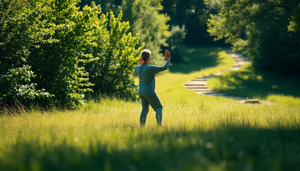 A serene, sun-dappled meadow, with a person in the center engaged in a mindful, flowing movement - perhaps a gentle tai chi or yoga pose. Soft, natural lighting bathes the scene, creating a sense of tranquility and presence. The figure's movements are deliberate, unhurried, and focused on the sensations of the body in the present moment. The background features lush, verdant foliage, with a hint of a winding path leading into the distance, suggesting a journey of self-discovery. The overall atmosphere conveys a sense of inner calm, balance, and a deep connection with the natural world.