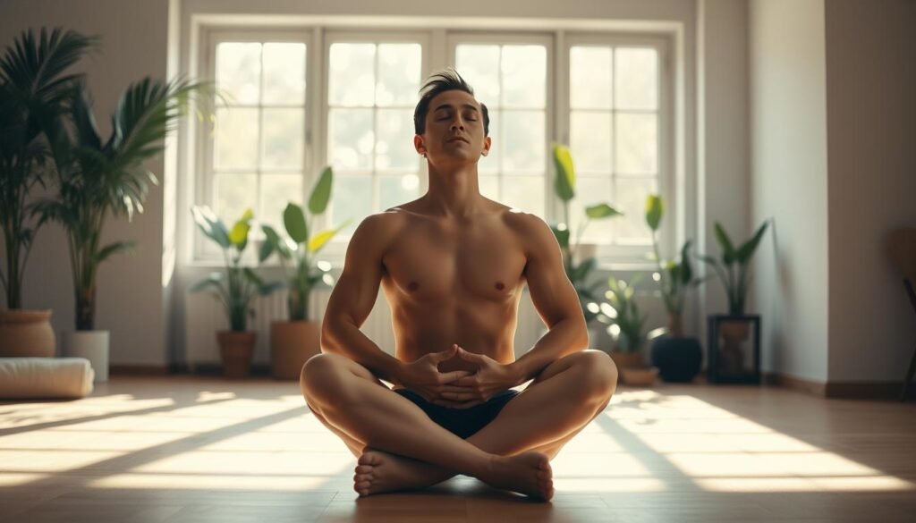 A serene, sun-dappled studio scene. In the foreground, an athlete sits cross-legged, eyes closed, hands resting gently on their knees. Their expression is one of deep focus, as they engage in mindful breathwork, the rise and fall of their chest visible. Behind them, floor-to-ceiling windows let in natural light, casting a warm glow across the minimalist, zen-inspired space. Potted plants and natural textures create a soothing, nature-inspired atmosphere, encouraging a sense of tranquility and mental clarity. The overall mood is one of balance, relaxation, and the harmonious integration of mind and body.