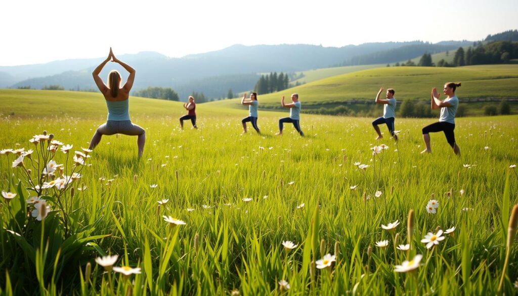 A serene, sunlit meadow with lush, verdant grass and wildflowers in bloom. In the foreground, a person performs a graceful yoga pose, their movements flowing with mindful intention. The pose highlights the benefits of mindful movement - increased flexibility, balance, and inner peace. The middle ground features other individuals engaged in various tai chi and qigong exercises, their motions deliberate and focused. In the background, rolling hills and a distant forest create a tranquil, natural setting that complements the meditative atmosphere. Soft, diffused lighting casts a warm, soothing glow over the entire scene, evoking a sense of harmony and well-being.