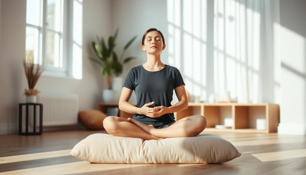 A serene, sunlit room with soft natural lighting filtering through the windows. In the center, a person sits cross-legged on a plush meditation cushion, eyes closed, palms resting gently on their lap. Their expression is calm and focused, conveying a deep sense of mindfulness and inner peace. The background is minimalist, with simple decor elements like a potted plant or a few candles, creating a tranquil, distraction-free environment. The overall mood is one of tranquility, contemplation, and mental clarity, perfectly capturing the essence of a mindful meditation practice. A serene, sunlit room with soft natural lighting filtering through the windows. In the center, a person sits cross-legged on a plush meditation cushion, eyes closed, palms resting gently on their lap. Their expression is calm and focused, conveying a deep sense of mindfulness and inner peace. The background is minimalist, with simple decor elements like a potted plant or a few candles, creating a tranquil, distraction-free environment. The overall mood is one of tranquility, contemplation, and mental clarity, perfectly capturing the essence of a mindful meditation practice.