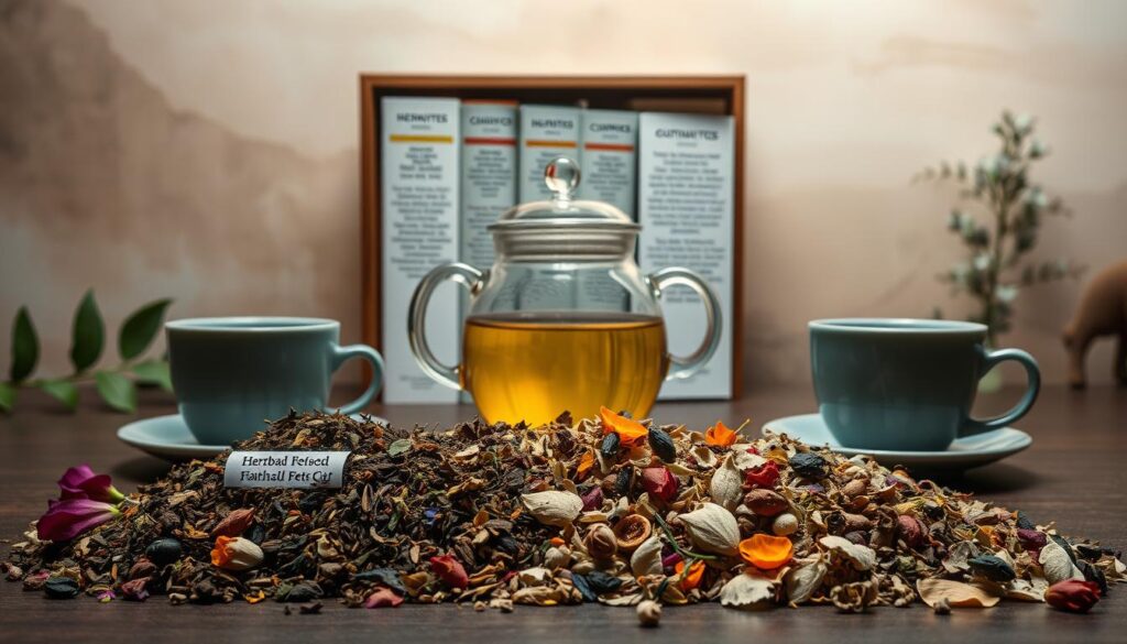 A serene tea table set against a muted, earthy backdrop. In the foreground, an array of herbal tea leaves and dried flowers, each with a subtle label denoting their unique properties. Behind them, a glass teapot and matching cups, radiating a warm, soft glow from the gentle lighting. In the middle ground, a stately bookshelf houses reference materials on the health effects and cautionary notes for each tea variety. The background features a tranquil, nature-inspired scene, with wisps of steam rising from the teapot, creating an atmosphere of calm contemplation. The overall composition conveys a sense of well-informed, thoughtful tea enjoyment, emphasizing the importance of safety and moderation.