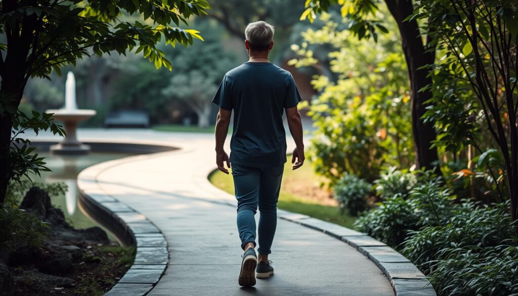 A serene walkway winds through a tranquil garden, flanked by lush foliage and a calming water feature. A person strolls with measured steps, their gaze focused inward, exuding an aura of mindfulness. Soft, diffused lighting casts a warm glow, creating an atmosphere of introspection and inner peace. The scene evokes a sense of balance, safety, and the harmony between the individual and their natural surroundings. The camera angle is slightly elevated, offering a contemplative perspective on the meditative journey. A serene walkway winds through a tranquil garden, flanked by lush foliage and a calming water feature. A person strolls with measured steps, their gaze focused inward, exuding an aura of mindfulness. Soft, diffused lighting casts a warm glow, creating an atmosphere of introspection and inner peace. The scene evokes a sense of balance, safety, and the harmony between the individual and their natural surroundings. The camera angle is slightly elevated, offering a contemplative perspective on the meditative journey.