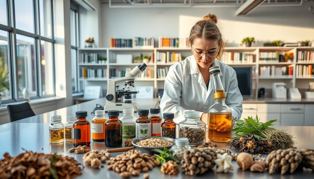 A serene, well-equipped modern research laboratory, with natural light streaming through large windows. In the foreground, an array of herbal supplements, tinctures, and dried plant materials are neatly arranged on a clean, stainless steel worktop, conveying the idea of adaptogen research. In the middle ground, a scientist in a white lab coat is carefully examining a sample under a high-powered microscope, their face reflecting deep concentration. The background features bookshelves filled with scientific journals and a state-of-the-art computer system, suggesting a comprehensive approach to understanding the properties and effects of adaptogenic herbs. A serene, well-equipped modern research laboratory, with natural light streaming through large windows. In the foreground, an array of herbal supplements, tinctures, and dried plant materials are neatly arranged on a clean, stainless steel worktop, conveying the idea of adaptogen research. In the middle ground, a scientist in a white lab coat is carefully examining a sample under a high-powered microscope, their face reflecting deep concentration. The background features bookshelves filled with scientific journals and a state-of-the-art computer system, suggesting a comprehensive approach to understanding the properties and effects of adaptogenic herbs.