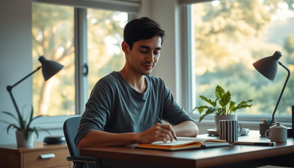 A serene, well-lit home office setting with a person sitting at a desk, engaged in a focused activity like reading or sketching. The background features a large window overlooking a lush, natural landscape, bathing the scene in warm, natural light. The desk is minimal and organized, with a few carefully selected objects like a potted plant, a mug of tea, and a journal or sketchbook. The person's expression conveys a sense of calm, contentment, and deep engagement with the task at hand, evoking a feeling of mindful, stimulating productivity without any distractions or addictive tendencies.