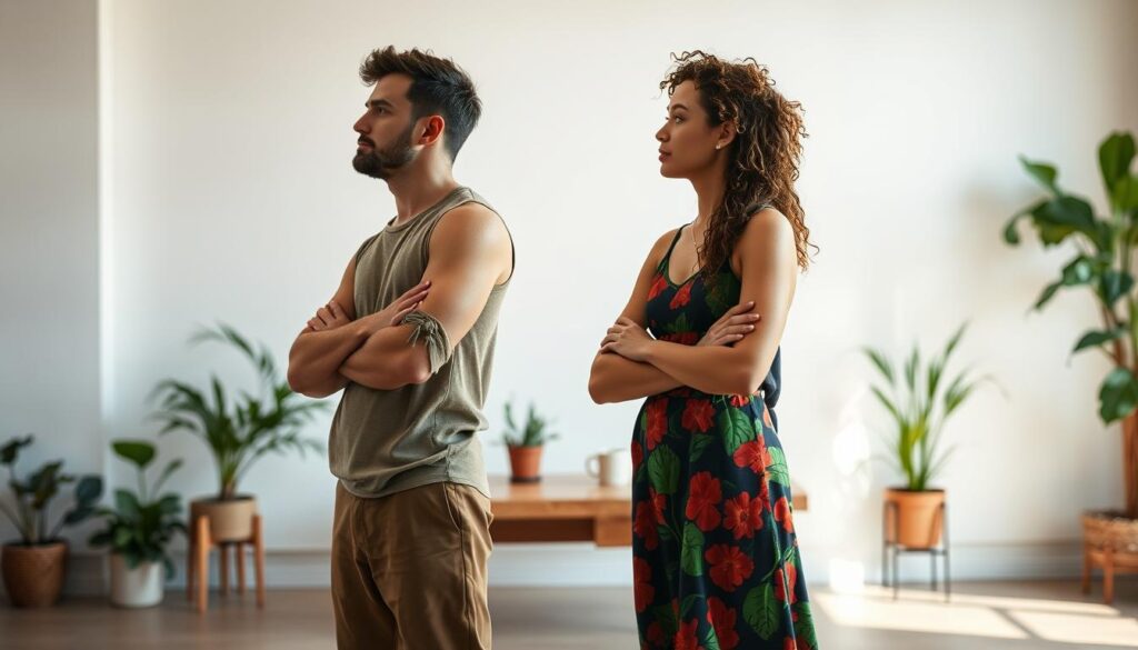 A serene, well-lit indoor setting with two people standing in the foreground, deep in contemplation. One person, dressed in earthy, natural tones, represents the Paleo lifestyle, while the other, in vibrant, plant-based attire, symbolizes the plant-based lifestyle. They stand side by side, hands folded, facing each other, creating a sense of balance and comparison. The background features a minimalist, airy environment with natural elements such as potted plants and a wooden table, conveying a sense of wellness and personal growth. The lighting is soft and warm, adding to the introspective atmosphere. The overall scene suggests a moment of thoughtful consideration, where the individuals weigh the merits of their respective lifestyles, seeking to find the one that best aligns with their ethical, health, and flexibility needs. A serene, well-lit indoor setting with two people standing in the foreground, deep in contemplation. One person, dressed in earthy, natural tones, represents the Paleo lifestyle, while the other, in vibrant, plant-based attire, symbolizes the plant-based lifestyle. They stand side by side, hands folded, facing each other, creating a sense of balance and comparison. The background features a minimalist, airy environment with natural elements such as potted plants and a wooden table, conveying a sense of wellness and personal growth. The lighting is soft and warm, adding to the introspective atmosphere. The overall scene suggests a moment of thoughtful consideration, where the individuals weigh the merits of their respective lifestyles, seeking to find the one that best aligns with their ethical, health, and flexibility needs.