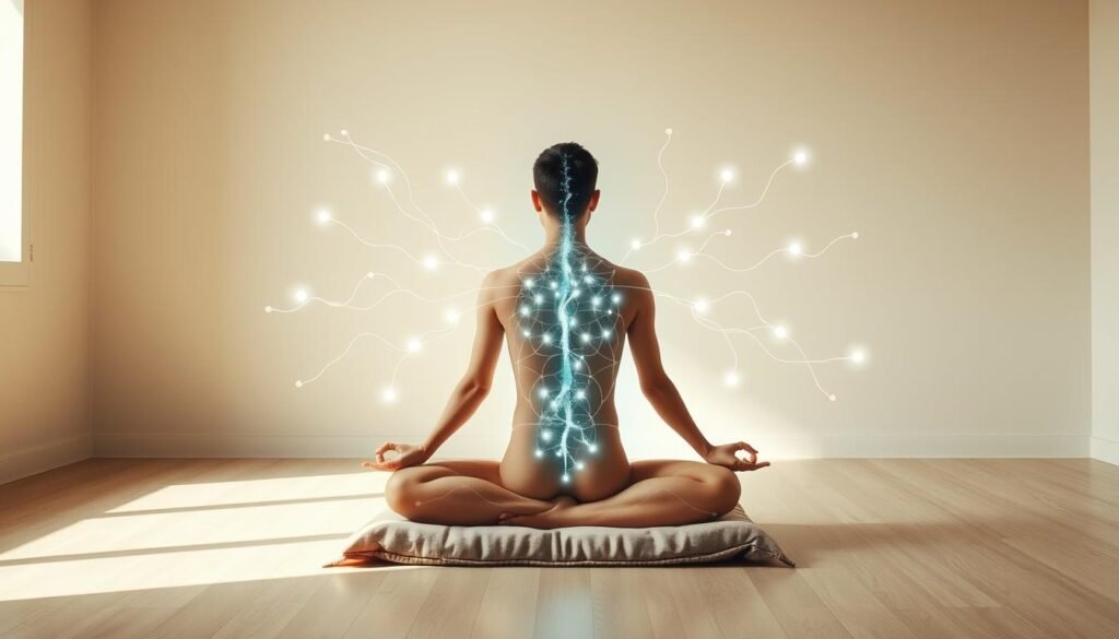 A serene, well-lit interior scene with a person sitting in a comfortable, balanced posture on a meditation cushion. The figure's body is surrounded by a visualization of glowing meridian lines, representing the energy pathways within the human body. The lines flow and intersect, creating a sense of harmony and balance. The background is a calming, neutral tone, allowing the central figure and meridian display to be the focal point. Soft, directional lighting casts subtle shadows, adding depth and dimension to the composition. The overall atmosphere is one of tranquility, focus, and an exploration of the interconnected systems of the human form. A serene, well-lit interior scene with a person sitting in a comfortable, balanced posture on a meditation cushion. The figure's body is surrounded by a visualization of glowing meridian lines, representing the energy pathways within the human body. The lines flow and intersect, creating a sense of harmony and balance. The background is a calming, neutral tone, allowing the central figure and meridian display to be the focal point. Soft, directional lighting casts subtle shadows, adding depth and dimension to the composition. The overall atmosphere is one of tranquility, focus, and an exploration of the interconnected systems of the human form.