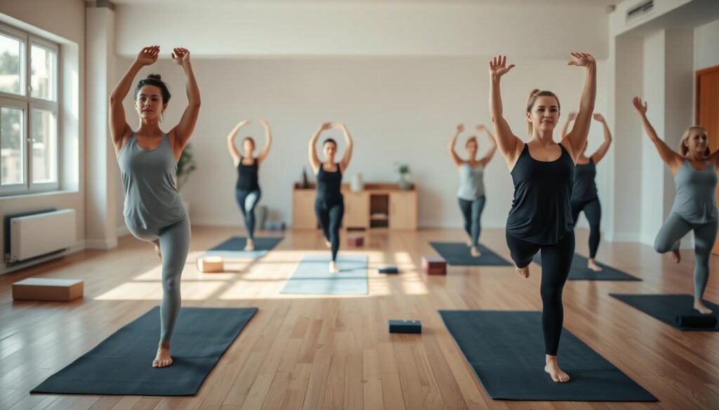A serene, well-lit yoga studio with wooden floors and natural light streaming in. In the foreground, a group of models demonstrating various stretching and body-weight exercises, their movements fluid and graceful. Yoga mats, blocks, and other props are neatly arranged around them. In the middle ground, a neutral-colored wall with minimal decor, allowing the focus to remain on the models. The background is softly blurred, giving a sense of tranquility and focus. The overall mood is calming, inviting the viewer to imagine themselves taking part in these sample routines. The models' expressions are peaceful and centered, radiating the benefits of the practices. A serene, well-lit yoga studio with wooden floors and natural light streaming in. In the foreground, a group of models demonstrating various stretching and body-weight exercises, their movements fluid and graceful. Yoga mats, blocks, and other props are neatly arranged around them. In the middle ground, a neutral-colored wall with minimal decor, allowing the focus to remain on the models. The background is softly blurred, giving a sense of tranquility and focus. The overall mood is calming, inviting the viewer to imagine themselves taking part in these sample routines. The models' expressions are peaceful and centered, radiating the benefits of the practices.