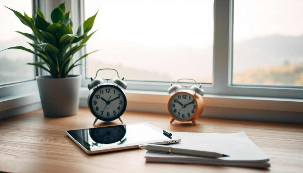 A serene workspace with a minimalist wooden desk, a potted plant, and a retro analog alarm clock. In the foreground, a digital tablet and a pen lie idle, symbolizing a conscious digital detox. Soft, diffused lighting from a window casts a warm, natural glow, creating a calming atmosphere. The background features a pastel-toned landscape, subtly hinting at the restorative nature of time spent away from screens. The overall composition conveys a sense of balance, focus, and mindfulness, embodying the "digital detox plan" concept.
