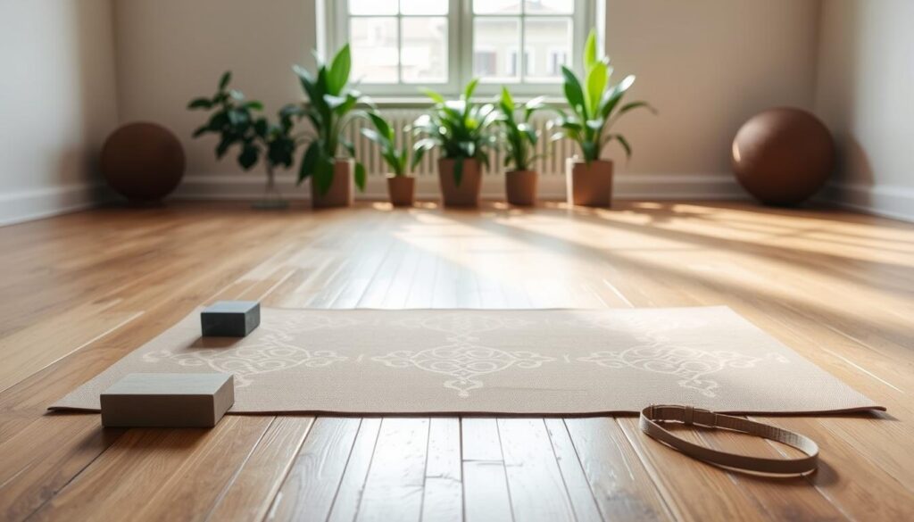 A serene yoga mat rests on a wooden floor, bathed in soft, natural light from a large window. The mat's surface displays a delicate pattern of interlocking geometric shapes, inviting the practitioner to embark on a grounding, 10-minute flow. In the foreground, a few simple props, such as a block and strap, are neatly arranged, ready to support the practitioner's alignment and stability. The middle ground showcases lush, potted plants, adding a calming, natural element to the scene. The background features neutral-toned walls, creating a peaceful, uncluttered environment for the practice. A serene yoga mat rests on a wooden floor, bathed in soft, natural light from a large window. The mat's surface displays a delicate pattern of interlocking geometric shapes, inviting the practitioner to embark on a grounding, 10-minute flow. In the foreground, a few simple props, such as a block and strap, are neatly arranged, ready to support the practitioner's alignment and stability. The middle ground showcases lush, potted plants, adding a calming, natural element to the scene. The background features neutral-toned walls, creating a peaceful, uncluttered environment for the practice.
