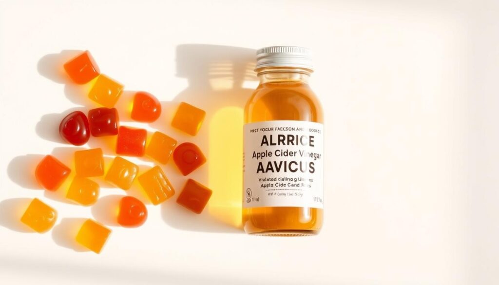 A side-by-side comparison of apple cider vinegar gummies and liquid, photographed in a clean, minimalist style. The gummies are neatly arranged on the left, their vibrant colors contrasting with the smooth glass bottle of liquid on the right. Soft, natural lighting casts gentle shadows, highlighting the textures and shapes of the products. The background is a neutral, off-white surface that allows the items to take center stage, inviting the viewer to closely examine the differences between the two forms of ACV supplementation.