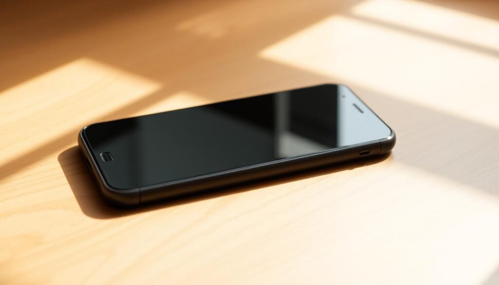 A simple, unadorned smartphone rests on a wooden desk, its screen dark and untouched. The device is captured in a clean, well-lit environment, casting a soft shadow against the surface. The composition emphasizes the minimalist, utilitarian nature of the phone, conveying a sense of digital abstinence and a respite from constant connectivity. The lighting is natural and diffused, creating a calming, contemplative atmosphere that reflects the subject's journey of digital detox. The focus is on the phone's physical presence, rather than any specific branding or technical details, allowing the viewer to immerse themselves in the moment of disconnect.