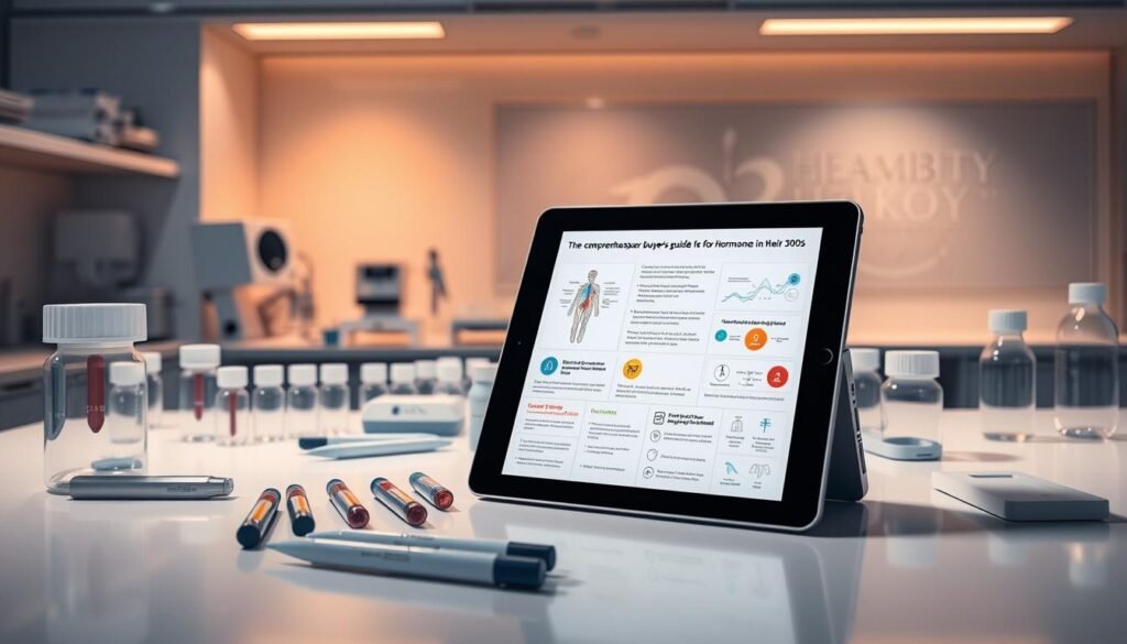 A sleek and modern medical laboratory setup. In the foreground, an array of medical testing devices, vials, and implements neatly organized on a clean, white countertop. Backlit by warm, indirect lighting, casting soft shadows that accentuate the textures and materials. In the middle ground, a tablet or digital display showcases a comprehensive buyer's guide for hormone testing, with intuitive infographics and easy-to-understand explanations. The background features minimalist medical imagery, such as anatomical diagrams or subtle healthcare branding, conveying a sense of professionalism and expertise. The overall scene strikes a balance between clinical precision and user-friendly design, inviting the viewer to explore the essential details of hormone testing for women in their 30s. A sleek and modern medical laboratory setup. In the foreground, an array of medical testing devices, vials, and implements neatly organized on a clean, white countertop. Backlit by warm, indirect lighting, casting soft shadows that accentuate the textures and materials. In the middle ground, a tablet or digital display showcases a comprehensive buyer's guide for hormone testing, with intuitive infographics and easy-to-understand explanations. The background features minimalist medical imagery, such as anatomical diagrams or subtle healthcare branding, conveying a sense of professionalism and expertise. The overall scene strikes a balance between clinical precision and user-friendly design, inviting the viewer to explore the essential details of hormone testing for women in their 30s.